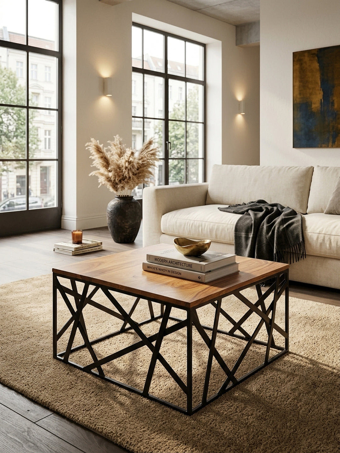 Draufsicht auf den quadratischen Wohnzimmertisch 60x60 cm. Die warme Maserung der edlen Sheesham-Holzplatte kontrastiert perfekt mit dem geometrischen Eisengestell und dem hellen Teppich._