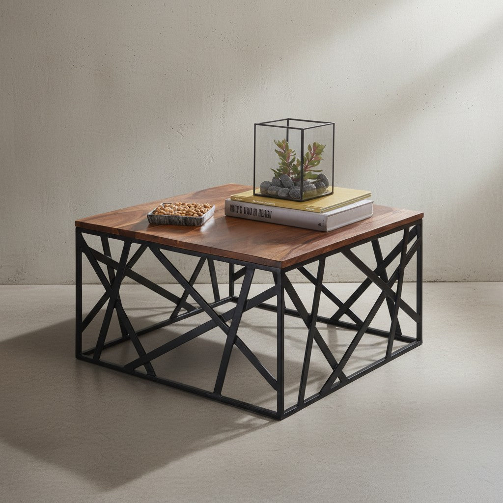Industrial-Stil Couchtisch_ Sheesham Holz_ 60x60 cm_ Schwarzes Metallgestell - KADIMA DESIGN_Größe_ 60x60x35 cm_