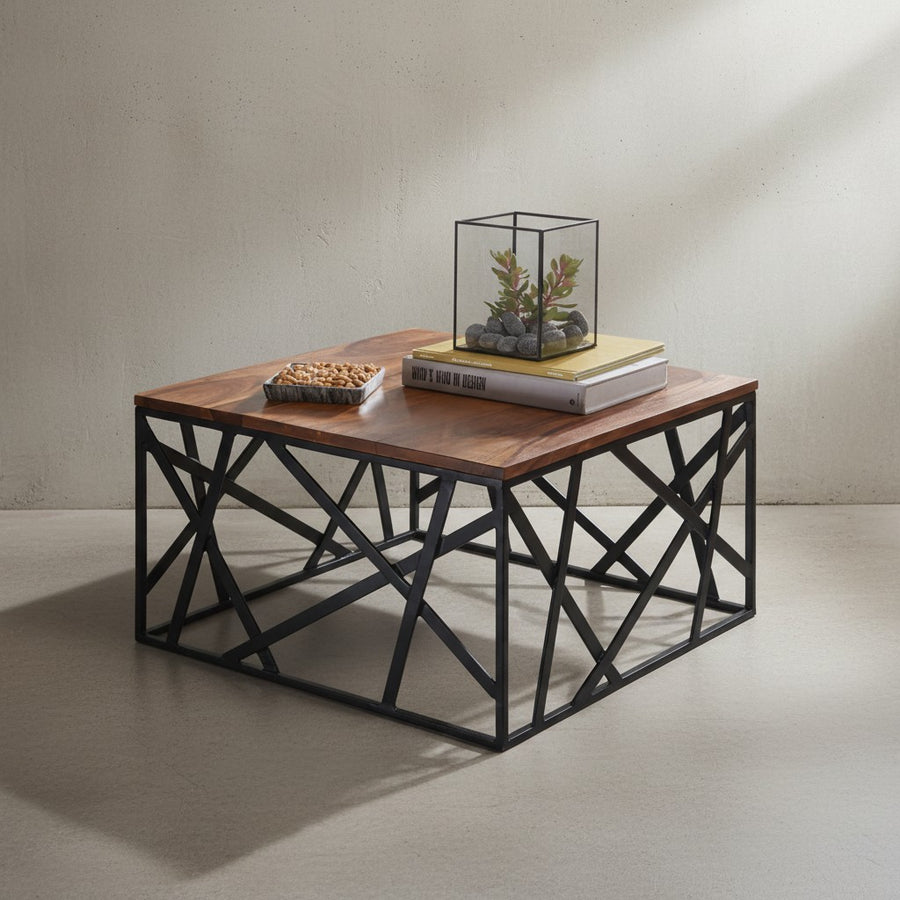 Industrial-Stil Couchtisch_ Sheesham Holz_ 60x60 cm_ Schwarzes Metallgestell - KADIMA DESIGN_Größe_ 60x60x35 cm_