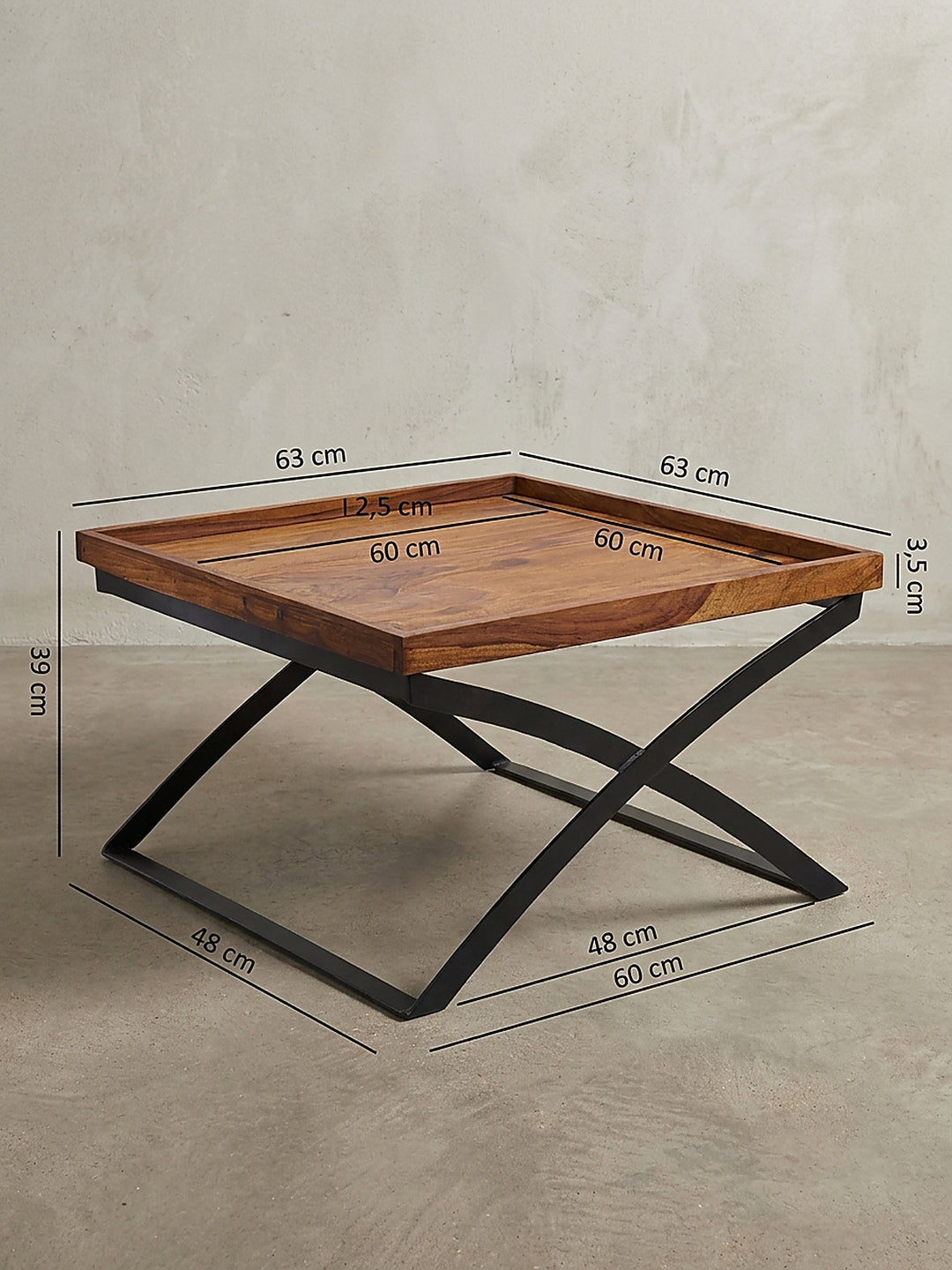 Maßskizze des quadratischen Couchtisches aus Sheesham mit genauen Abmessungen 63x39x63 cm und Detailangaben zur Plattenstärke_