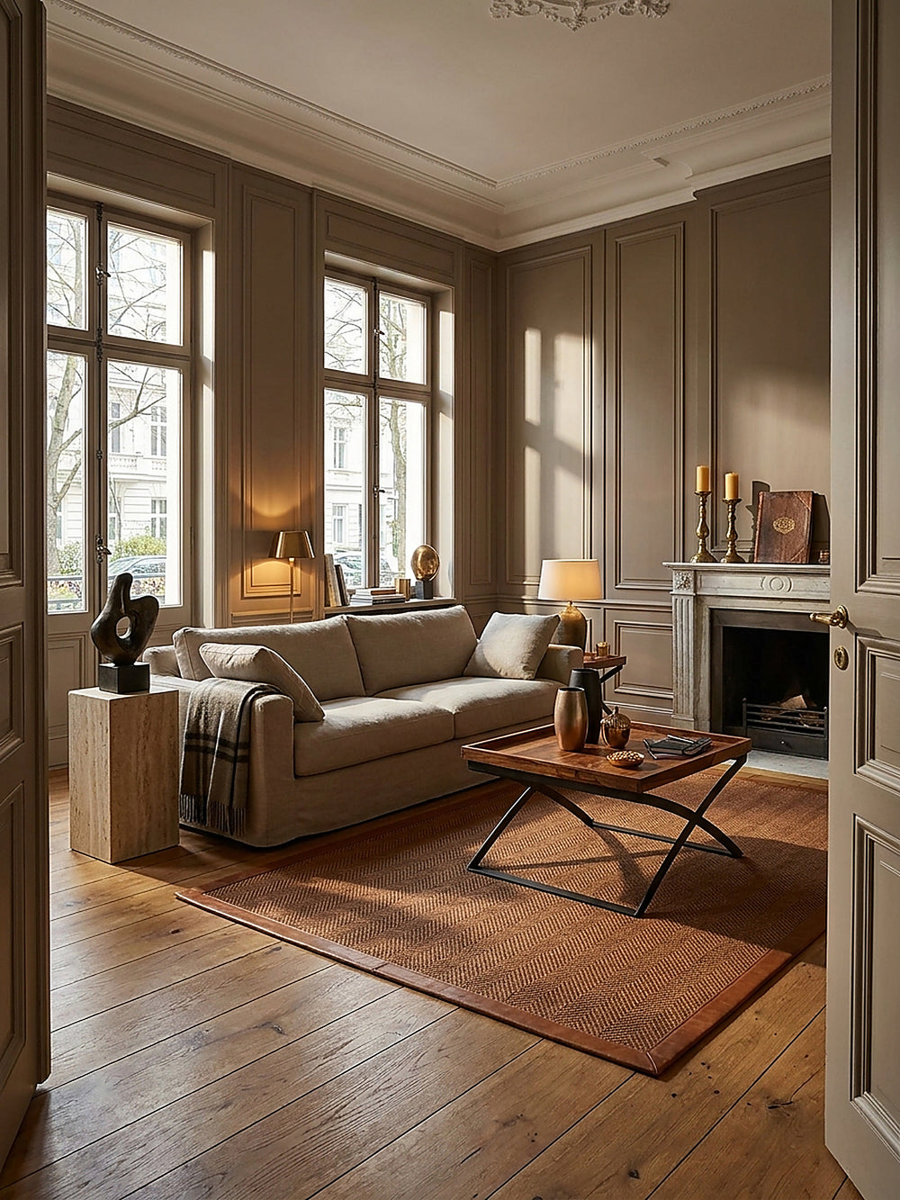 Quadratischer Couchtisch aus warmem Sheesham Massivholz 63x39x63 cm im luxuriösen Wohnzimmer auf Fischgrätparkett vor heller Wand_