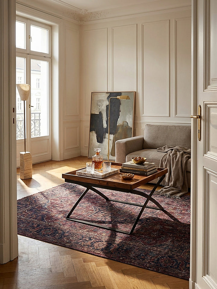 Quadratischer Couchtisch aus warmem Sheesham Massivholz 63x39x63 cm im luxuriösen Wohnzimmer auf Fischgrätparkett vor heller Wand_