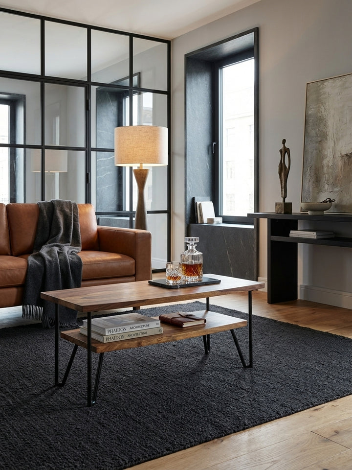 Ein moderner Couchtisch aus Sheesham Massivholz mit schwarzem Metallgestell steht als Mittelpunkt in einem hellen, stilvollen Wohnzimmer auf einem texturierten Teppich._