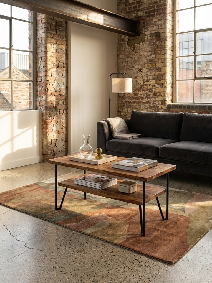 Draufsicht auf den rechteckigen Holztisch im Industrial-Stil, der mit einer Tasse und Büchern dekoriert ist und die großzügige Ablagefläche von 90x50 cm zeigt._