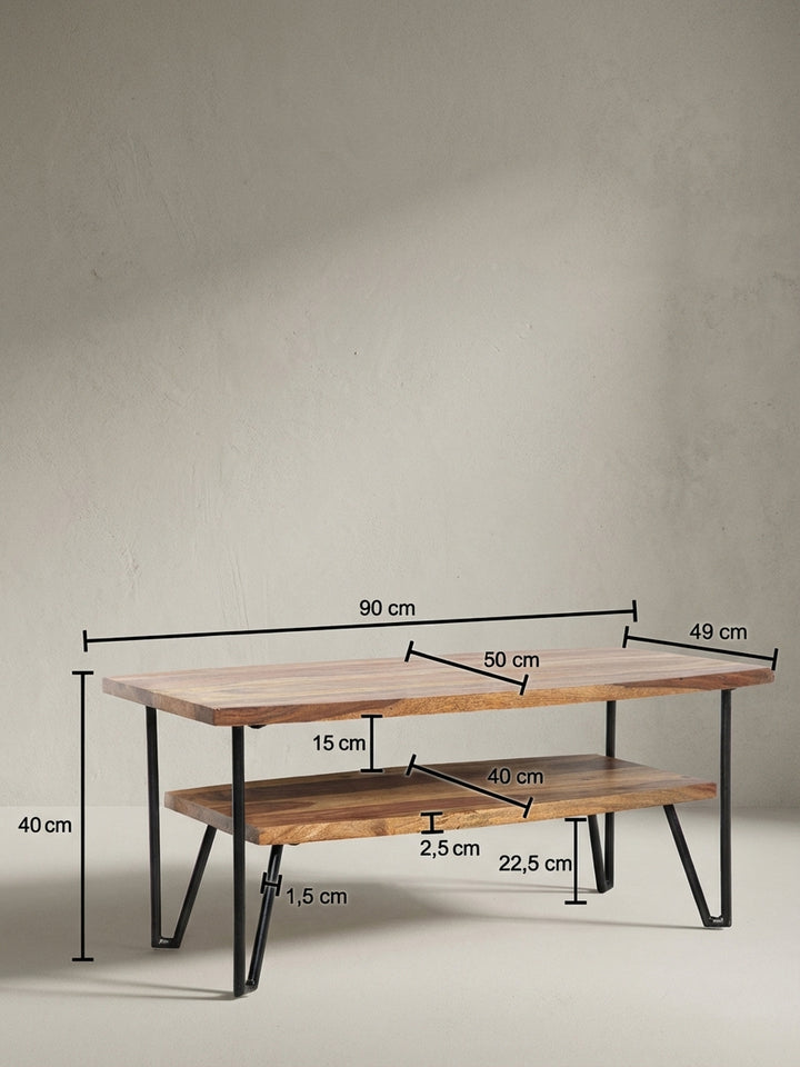 Technische Zeichnung des Couchtisches mit exakten Maßen: Breite 90 cm, Höhe 40 cm, Tiefe 50 cm, für die präzise Planung im Wohnzimmer._