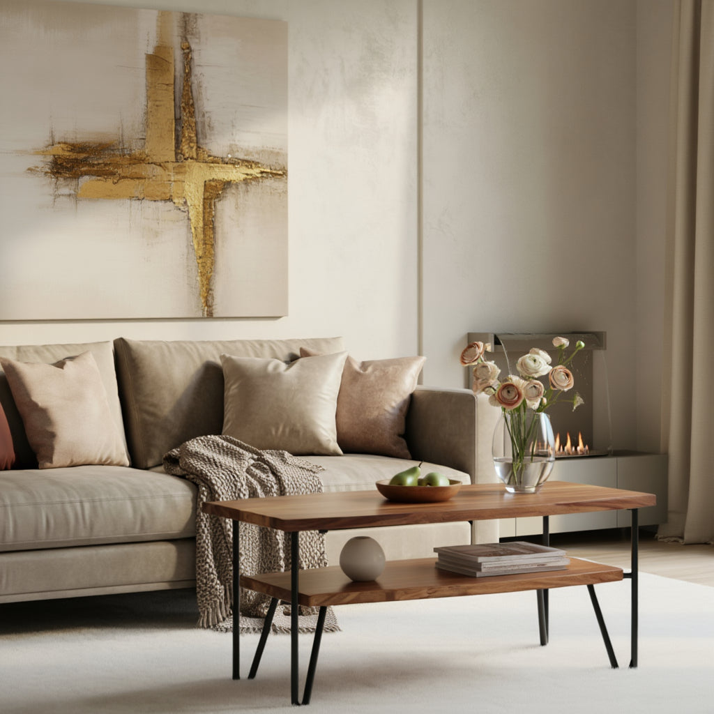 Sofatisch aus Holz und Metall in moderner Form mit praktischer Ablagefläche