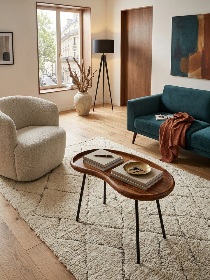 Draufsicht auf den organisch geformten Couchtisch aus Echtholz. Die markante Maserung der massiven Sheesham-Tischplatte kontrastiert stilvoll mit dem hellen Wohnzimmer-Teppich._