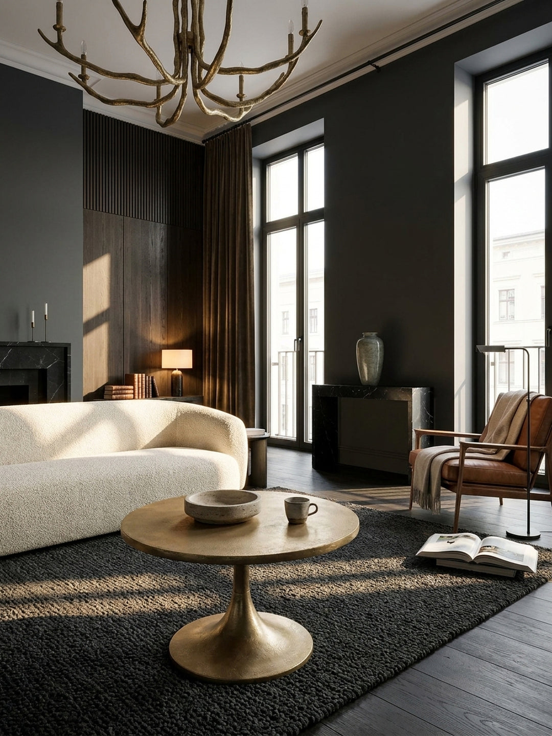 Eleganter runder Couchtisch aus goldenem Metall als Mittelpunkt eines modernen Wohnzimmers mit dunklen Wänden und einem grauen Bouclé-Sofa._