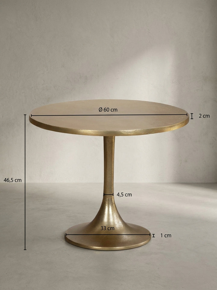 Technisches Maßbild des runden Couchtisches mit exakten Abmessungen: 60 cm Durchmesser und 46,5 cm Höhe für präzise Raumplanung._