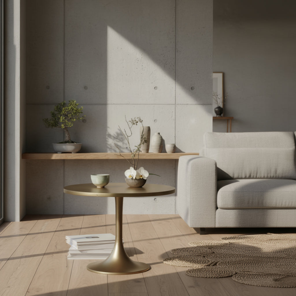 Moderner Wohnraum mit Beistelltisch aus goldfarbenem Aluminium und Deko-Accessoires 