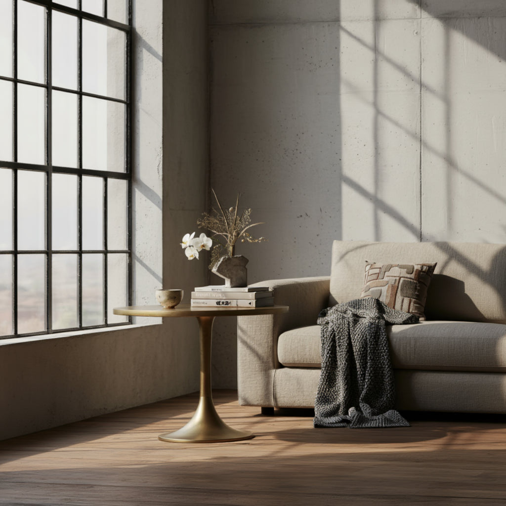 Design-Beistelltisch in Gold im minimalistischen Wohnzimmer mit grauem Sofa 