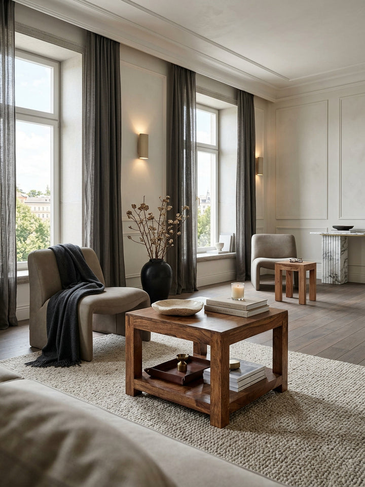 Couchtisch NAKO Massivholz_ Landhausstil_ Ablagefach_ robust_ pflegeleicht - KADIMA DESIGN_Farbe_ Braun_ Größe_ 60x60x45 cm_