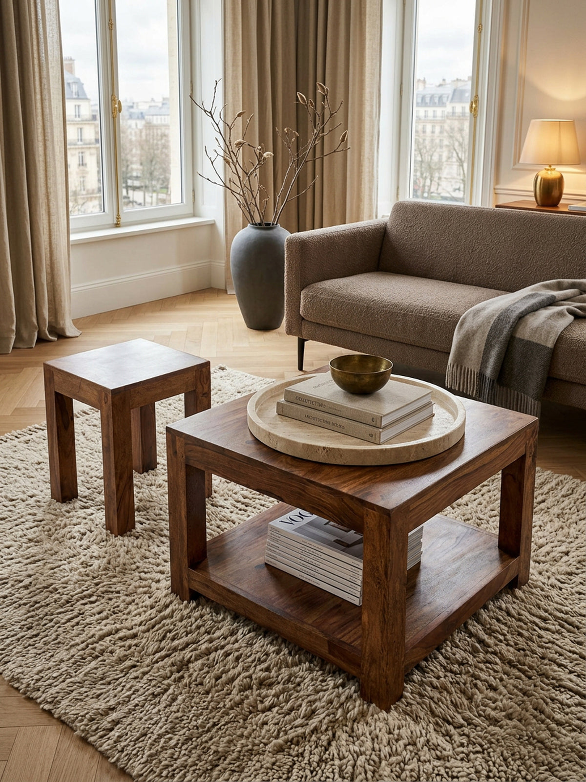Couchtisch NAKO Massivholz  Landhausstil  Ablagefach  robust  pflegeleicht - KADIMA DESIGN Farbe  Braun  Größe  60x60x45 cm