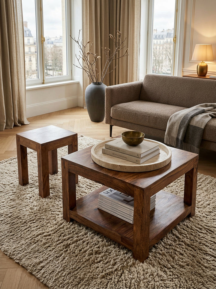 Couchtisch NAKO Massivholz_ Landhausstil_ Ablagefach_ robust_ pflegeleicht - KADIMA DESIGN_Farbe_ Braun_ Größe_ 60x60x45 cm_