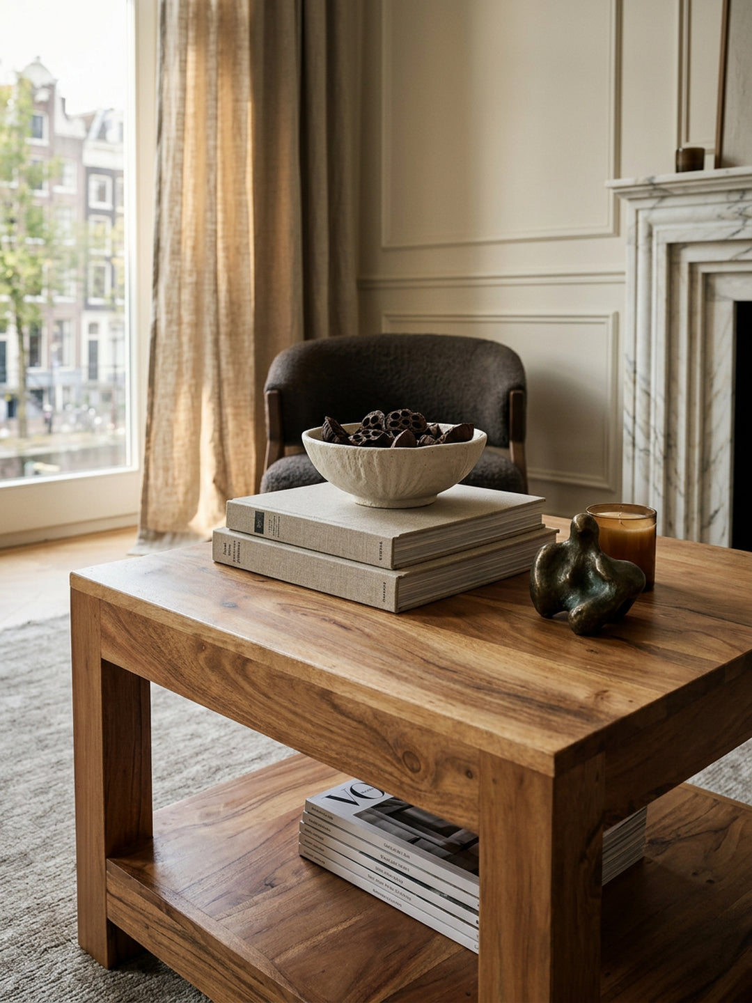 Couchtisch NAKO Massivholz_ Landhausstil_ Ablagefach_ robust_ pflegeleicht - KADIMA DESIGN_Farbe_ Beige_ Größe_ 60x60x45 cm_