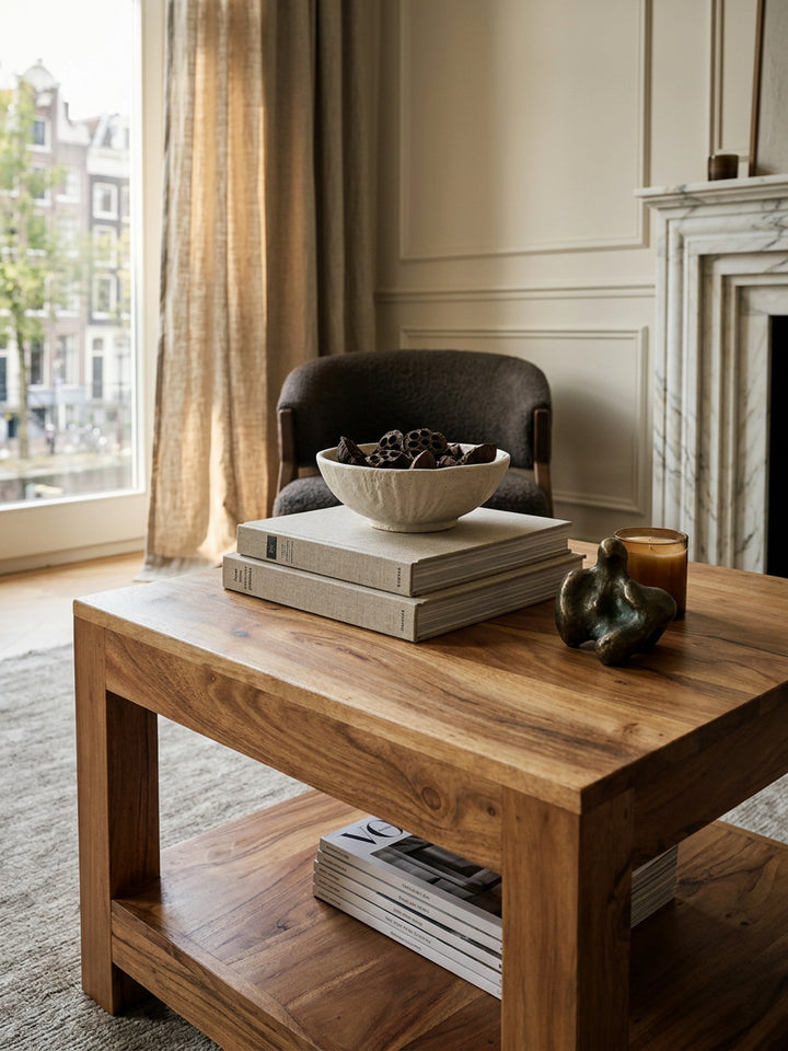 Couchtisch NAKO Massivholz_ Landhausstil_ Ablagefach_ robust_ pflegeleicht - KADIMA DESIGN_Farbe_ Beige_ Größe_ 60x60x45 cm_