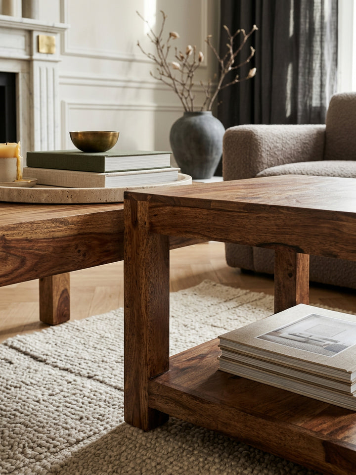 Couchtisch NAKO Massivholz_ Landhausstil_ Ablagefach_ robust_ pflegeleicht - KADIMA DESIGN_Farbe_ Braun_ Größe_ 60x60x45 cm_