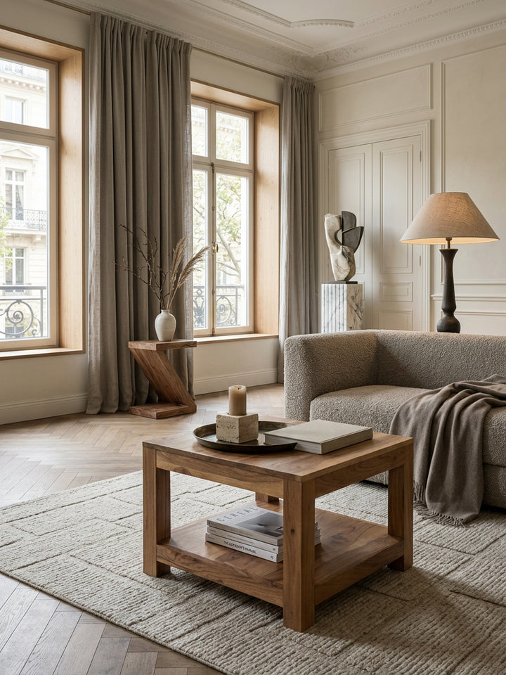 Couchtisch NAKO Massivholz_ Landhausstil_ Ablagefach_ robust_ pflegeleicht - KADIMA DESIGN_Farbe_ Beige_ Größe_ 60x60x45 cm_