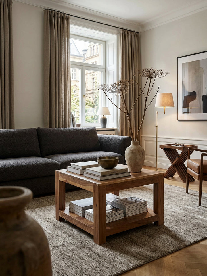 Couchtisch NAKO Massivholz_ Landhausstil_ Ablagefach_ robust_ pflegeleicht - KADIMA DESIGN_Farbe_ Beige_ Größe_ 60x60x45 cm_