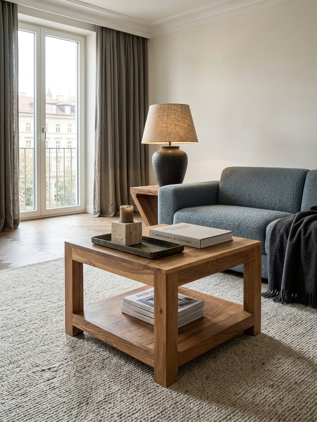 Couchtisch NAKO Massivholz_ Landhausstil_ Ablagefach_ robust_ pflegeleicht - KADIMA DESIGN_Farbe_ Beige_ Größe_ 60x60x45 cm_