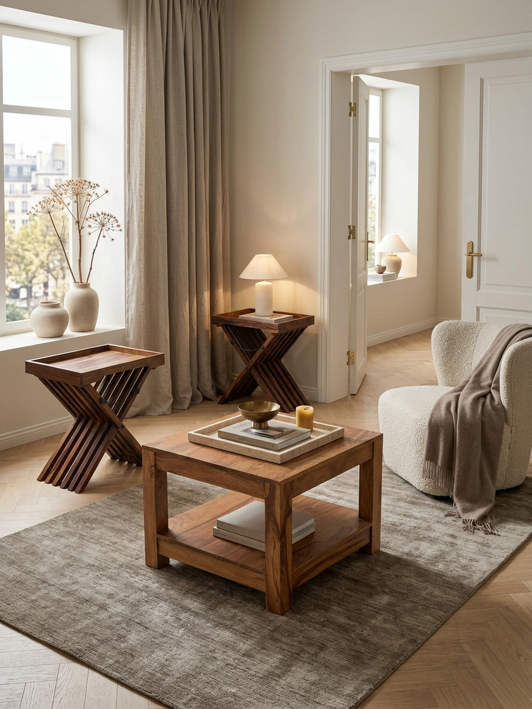 Couchtisch NAKO Massivholz_ Landhausstil_ Ablagefach_ robust_ pflegeleicht - KADIMA DESIGN_Farbe_ Beige_ Größe_ 60x60x45 cm_