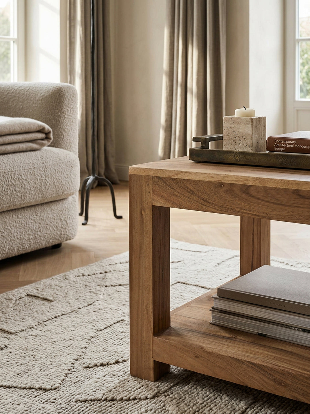 Couchtisch NAKO Massivholz_ Landhausstil_ Ablagefach_ robust_ pflegeleicht - KADIMA DESIGN_Farbe_ Beige_ Größe_ 60x60x45 cm_