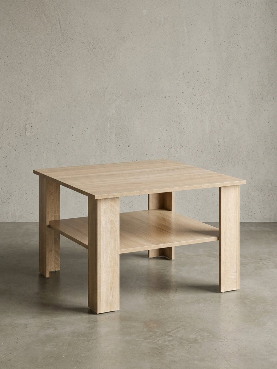 Maße des quadratischen Couchtischs in heller Eiche-Optik. Die Grafik zeigt alle Abmessungen: 60x60 cm Tischplatte, 42 cm Höhe und praktische Ablage für das Wohnzimmer._