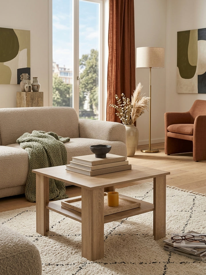 Quadratischer Couchtisch in Sonoma Eiche 60x60 cm als zentrales Element in einem luxuriösen Wohnzimmer. Der warme Holzton harmoniert perfekt mit weichem Teppich und hellem Leinensofa._