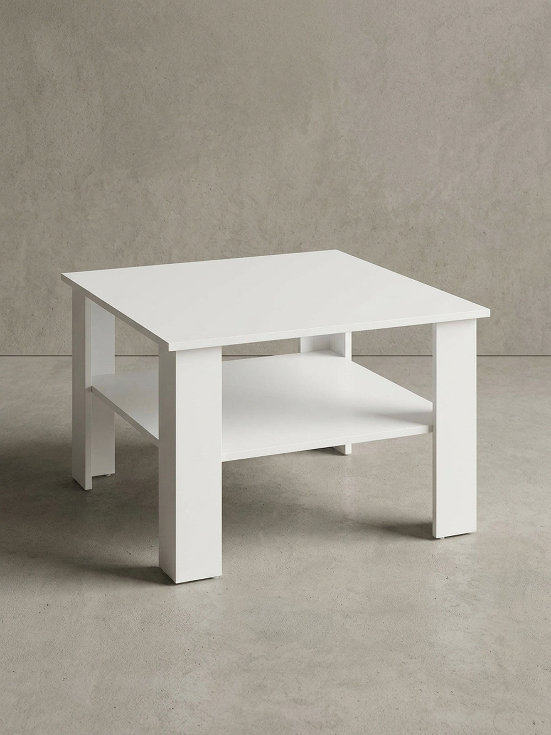 Maßskizze des quadratischen Couchtisches in Weiß. Der Sofatisch misst 60x60x42 cm und bietet eine untere Ablagefläche. Ideal für moderne Wohnzimmer._