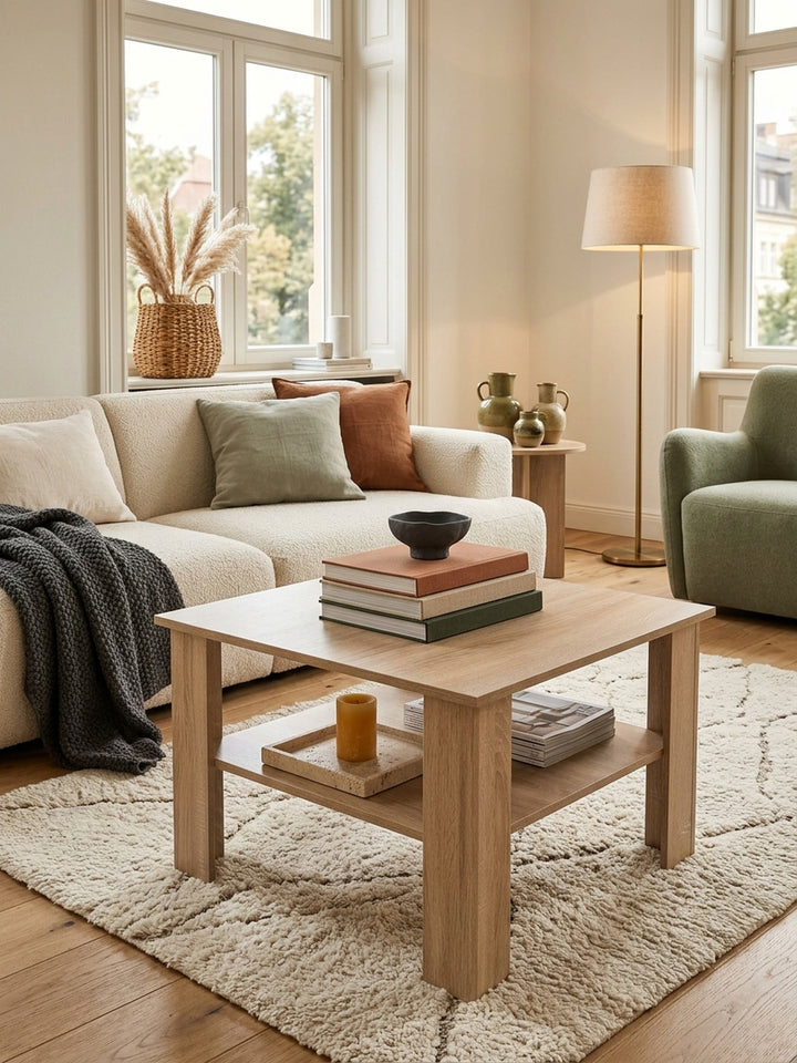 Draufsicht auf den hellen Wohnzimmertisch aus Holz im Format 60x60 cm. Die quadratische Tischplatte in Eichenoptik bietet optimalen Platz für dekorative Bildbände und eine Teeschale._