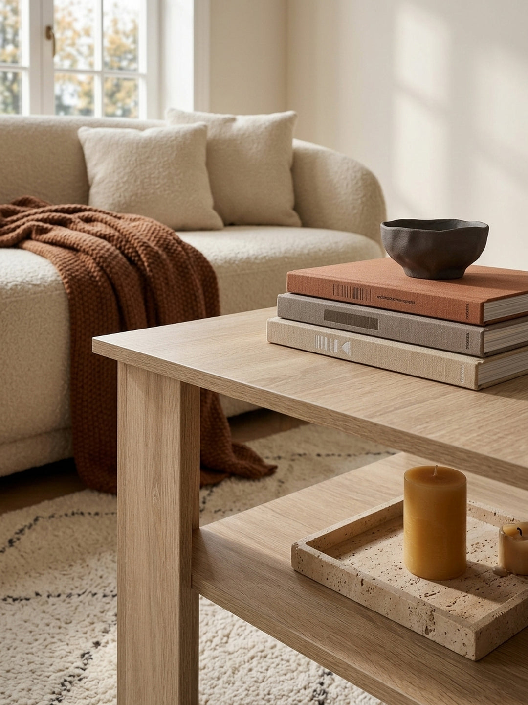 Nahaufnahme der melaminbeschichteten Oberfläche des Sofatisches. Die kratzfeste Sonoma Eiche Nachbildung zeigt eine realistische, feine Holzmaserung für ein natürliches Wohnambiente._