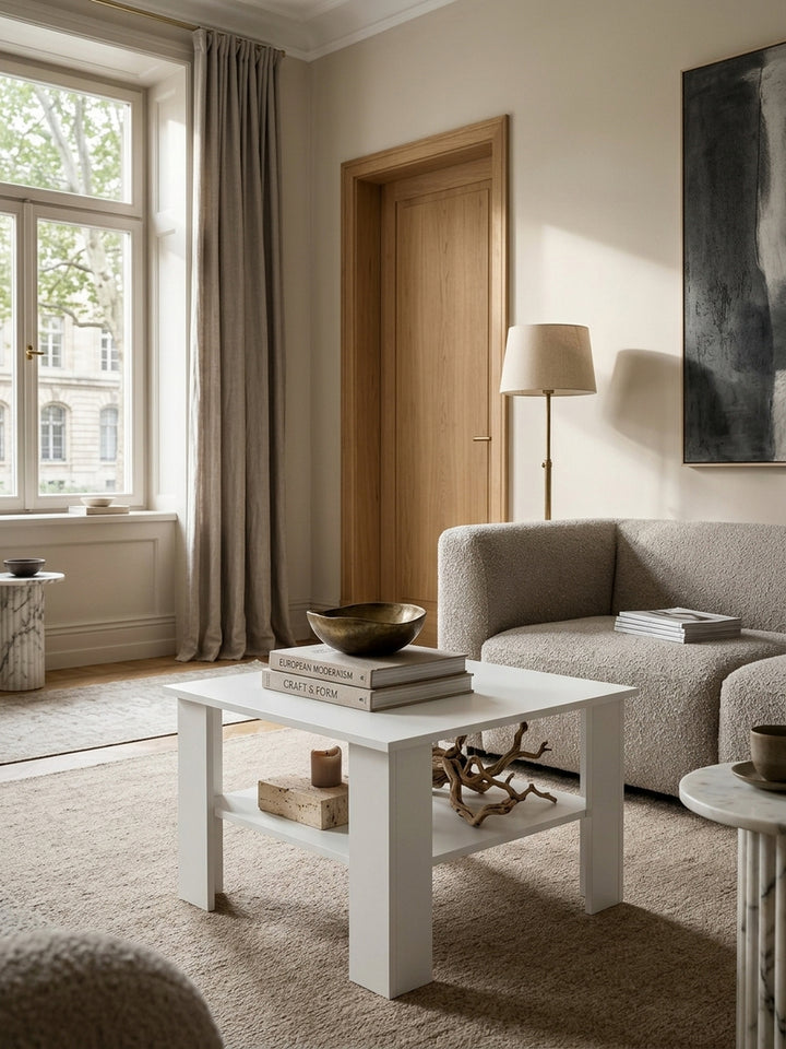 Eleganter weißer Couchtisch 60x60 im modernen Wohnzimmer. Der quadratische Sofatisch mit unterer Ablage fügt sich stilvoll in das helle Interieur mit beigen Leinensofas und Eichenparkett ein_