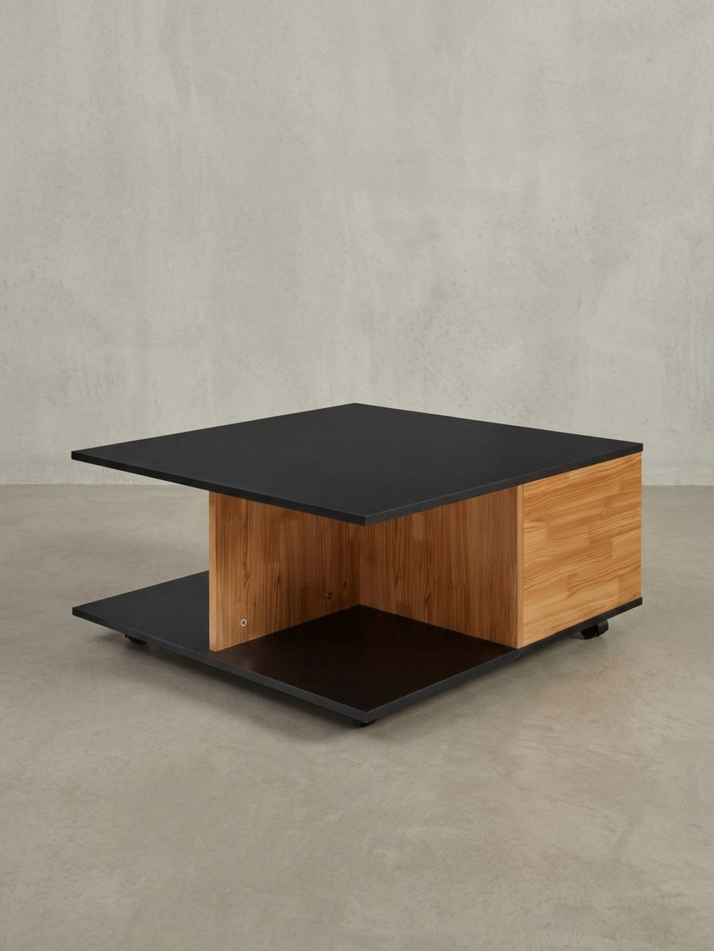 Profilansicht des mobilen Sofatischs mit Rollen, zeigt die geringe Höhe von 36,5 cm und die klare, geometrische Silhouette des Designs._