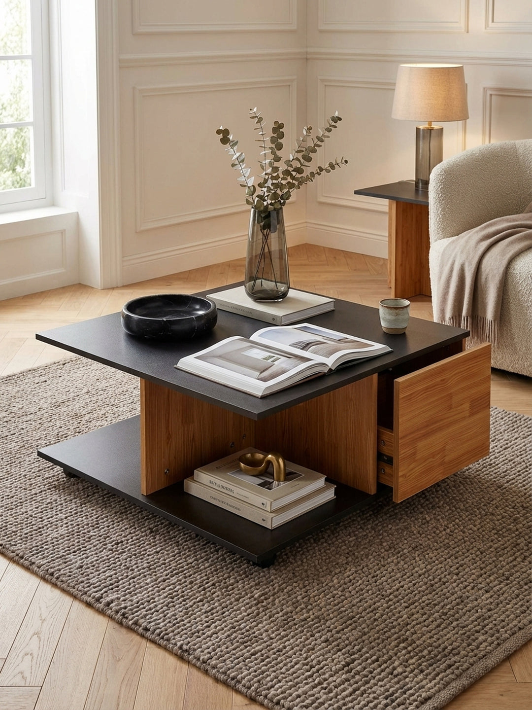 Couchtisch mit Schubladen aus der Vogelperspektive im Wohnzimmer, zeigt die quadratische Tischplatte und die Aufteilung von Ablagefach und Stauraum._