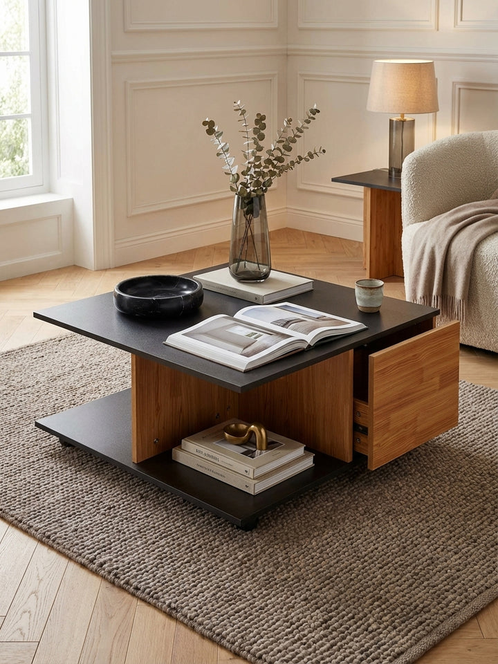 Couchtisch mit Schubladen aus der Vogelperspektive im Wohnzimmer, zeigt die quadratische Tischplatte und die Aufteilung von Ablagefach und Stauraum._