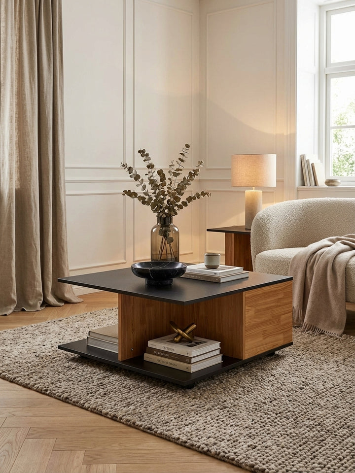 Quadratischer Couchtisch 70x70 cm in Anthrazit und Sandeiche in einem modernen Wohnzimmer, stilvoll dekoriert vor einem grauen Sofa auf einem beigen Teppich._