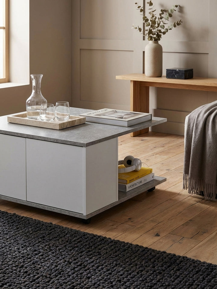 Detailaufnahme der melaminharzbeschichteten Tischplatte in Zementoptik, die kratzfeste und pflegeleichte Oberfläche des Couchtisches betonend._