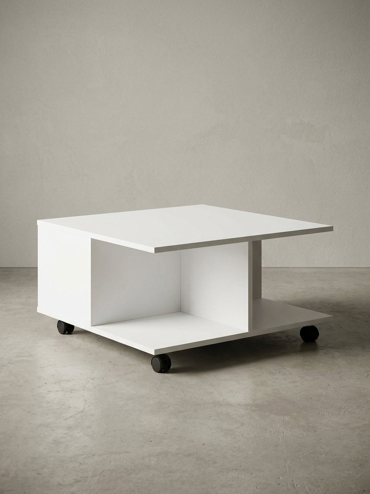 Weißer Couchtisch 70x70 cm auf Rollen mit Schubladen und Fächern, freigestellt auf weißem Hintergrund in klarer Frontansicht._