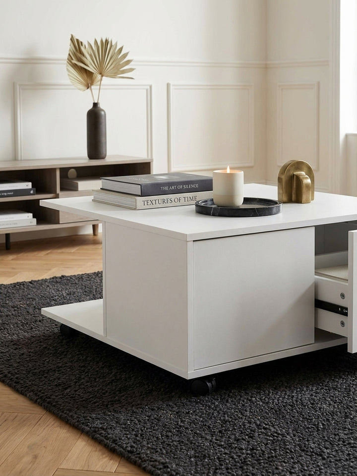 Detailaufnahme der kratzfesten Melamin-Oberfläche des weißen Wohnzimmertisches, die eine pflegeleichte und matte Textur zeigt._