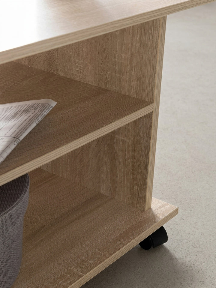 Gesamtansicht des modernen Couchtischs in Sonoma Eiche. Ein vielseitiger Loungetisch mit Rollen und Kratzschutz-Oberfläche, der Funktionalität und zeitloses Design perfekt vereint._