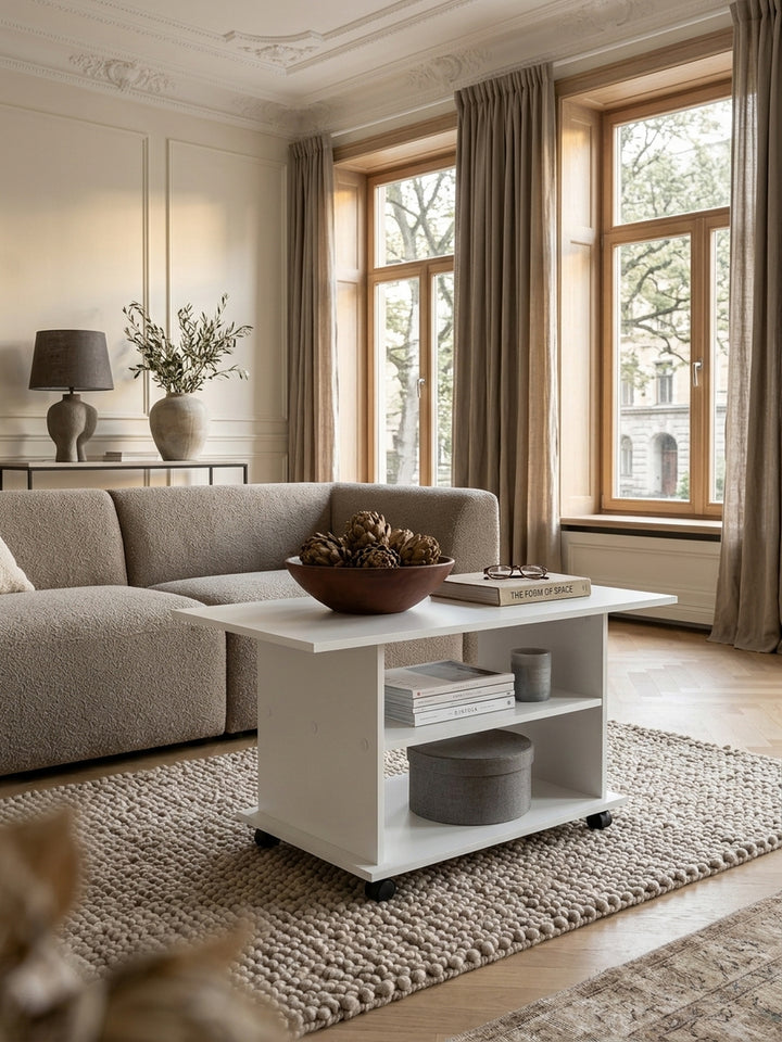 Eleganter weißer Couchtisch auf Rollen im modern eingerichteten Wohnzimmer. Der 95x51x54,5 cm große Holztisch bietet praktische Ablageflächen vor einem luxuriösen hellen Loungesofa._