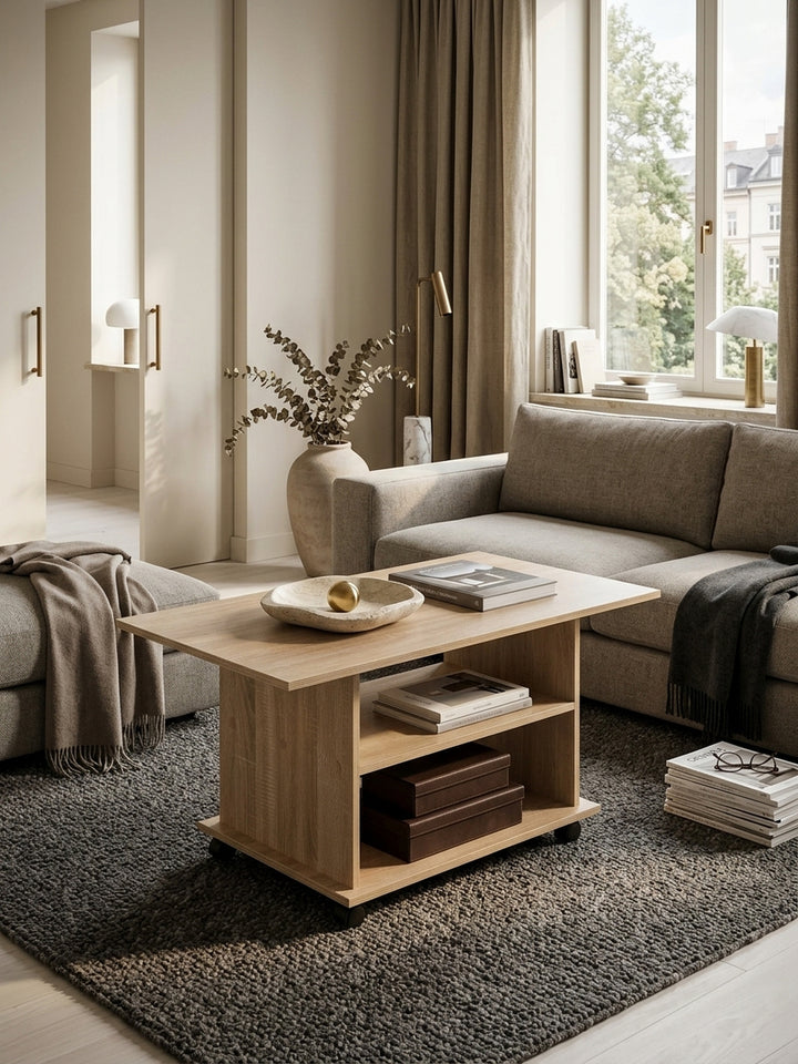 Draufsicht auf den hellen Kaffeetisch mit Rollen im Wohnzimmer. Die großzügige 95x54 cm Tischplatte in authentischer Holzoptik fügt sich harmonisch in das moderne Raumkonzept ein._