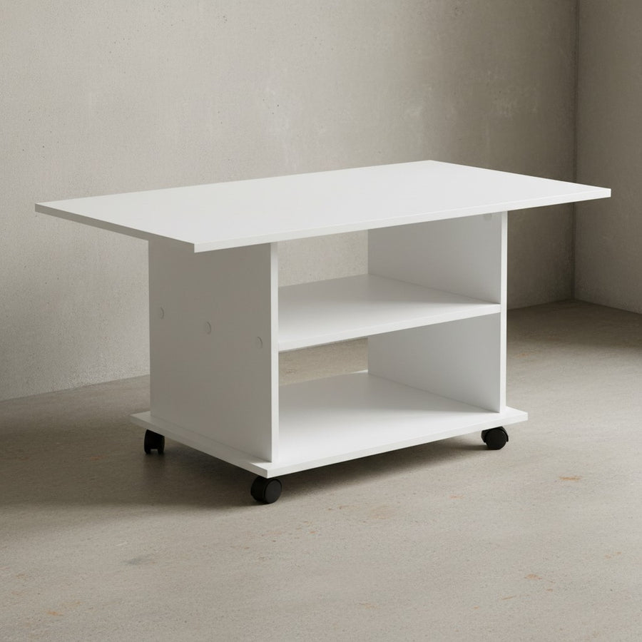 Couchtisch SEGRE_ Stilvoll_ 2 Ablageflächen_ Rollen_ Melaminharzbeschichtung_ 95x51x54_5 cm_ Weiß/Sonoma - KADIMA DESIGN_Farbe_ Weiß_ Größe_ 95x54x51 cm_