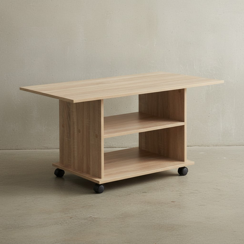 Couchtisch SEGRE_ Stilvoll_ 2 Ablageflächen_ Rollen_ Melaminharzbeschichtung_ 95x51x54_5 cm_ Weiß/Sonoma - KADIMA DESIGN_Farbe_ Beige_ Größe_ 95x54x51 cm_