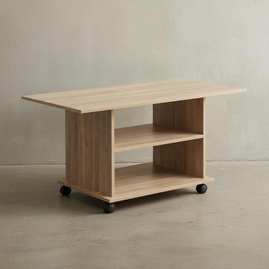 Couchtisch SEGRE_ Stilvoll_ 2 Ablageflächen_ Rollen_ Melaminharzbeschichtung_ 95x51x54_5 cm_ Weiß/Sonoma - KADIMA DESIGN_Farbe_ Beige_ Größe_ 95x54x51 cm_