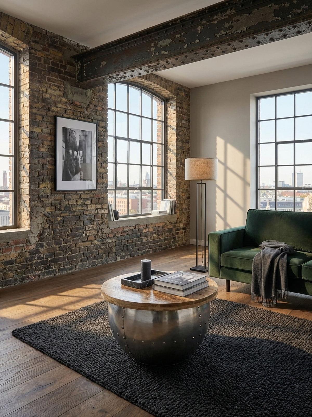 Industrieller Couchtisch aus Mango Massivholz mit Metallfuß in einem Loft-Wohnzimmer, platziert auf einem dunklen Teppich vor einem Ledersofa._