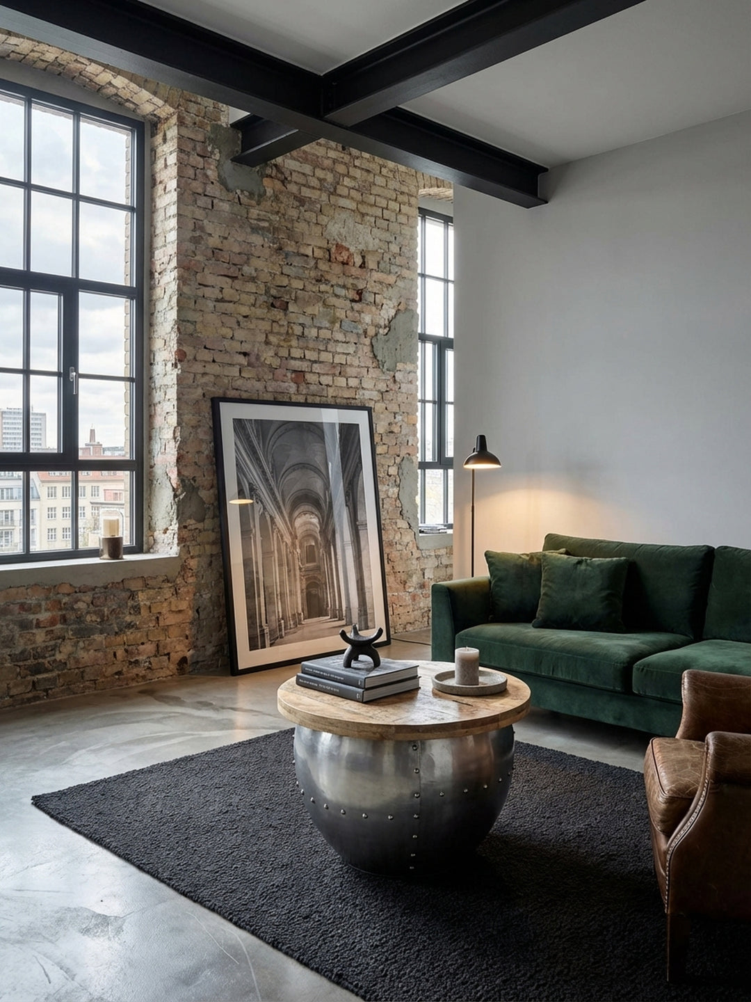 Runder Industrial Couchtisch 60x60 cm von oben fotografiert, zeigt die rustikale Mangoholzplatte im Zusammenspiel mit einem modernen Wohnzimmer-Layout._