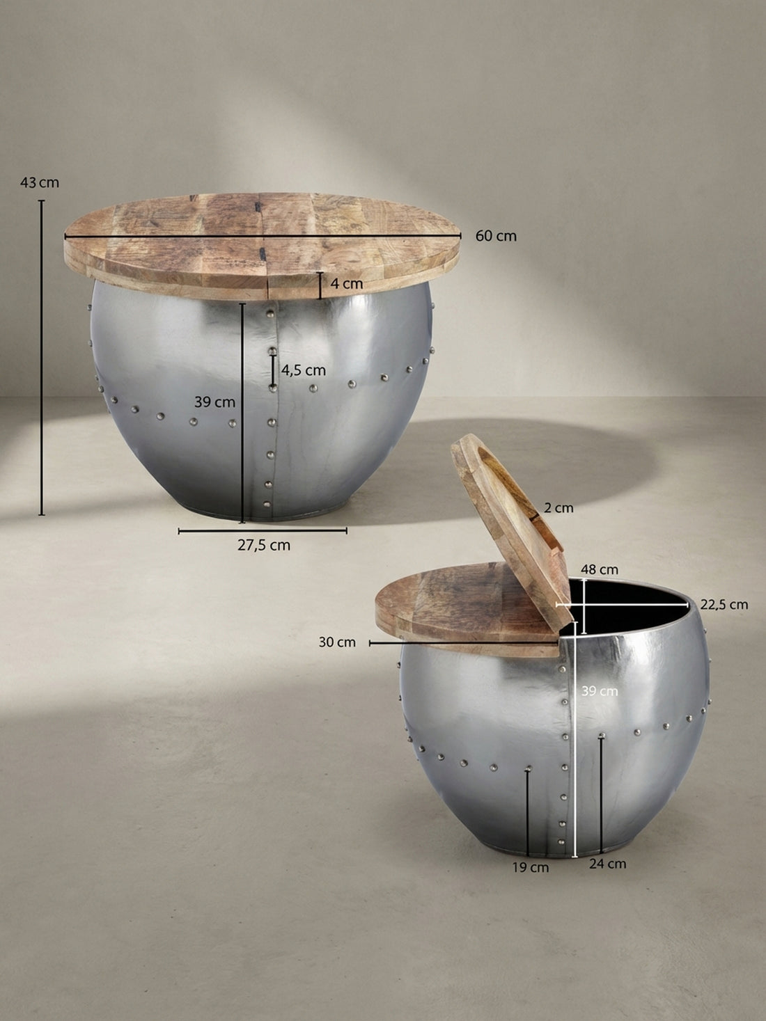 Couchtisch Industrial Rund: Massivholz & Stauraum