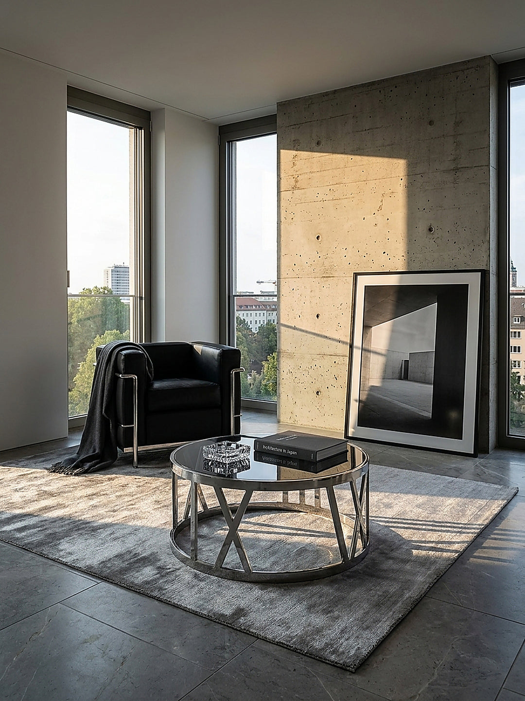 Moderner Couchtisch aus Edelstahl und schwarzem Glas in einem minimalistischen Wohnzimmer mit großformatigen Kalksteinplatten und bodentiefen Fenstern._