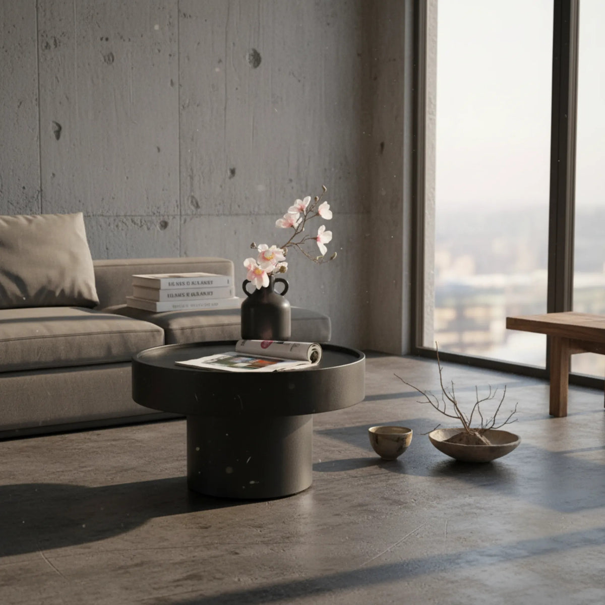 Couchtisch aus Metall mit runder Tischplatte und massiver Basis in Schwarz matt